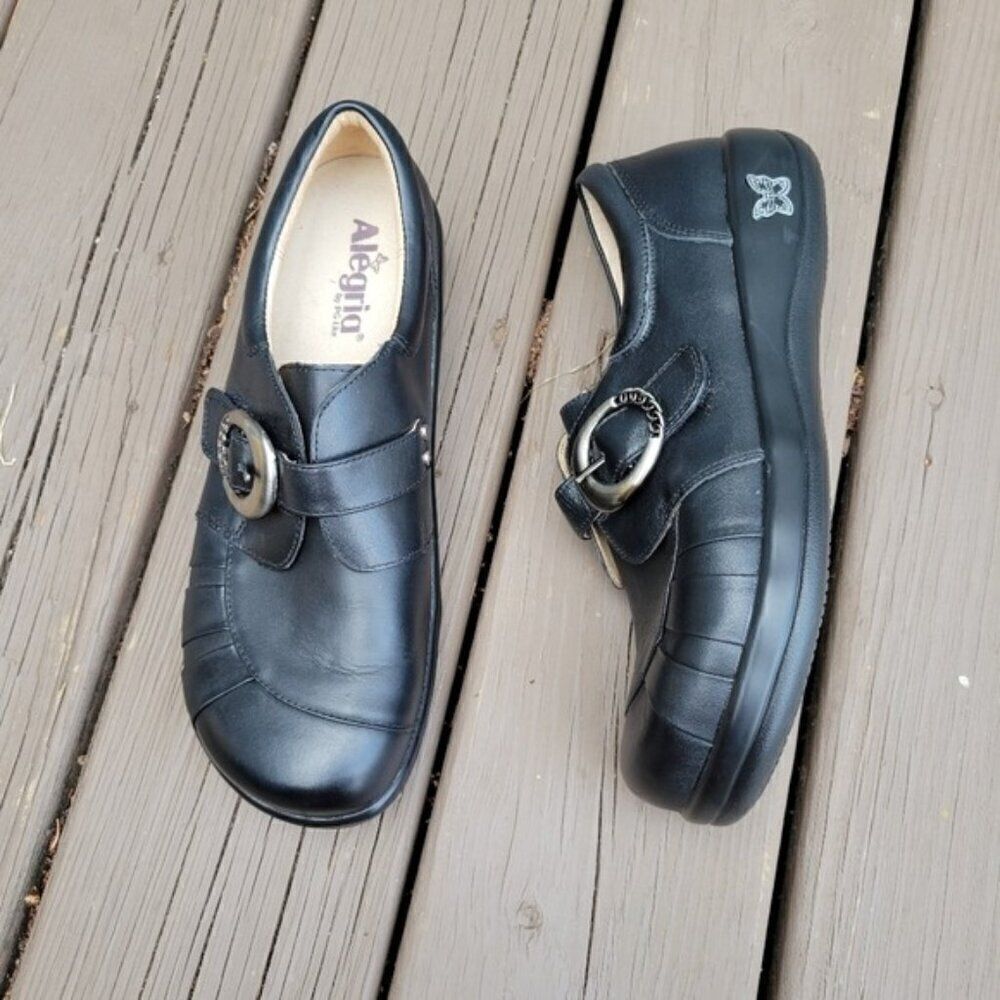 Alegria Khloe Black Leather Hook and Loop Buckle‎ Detail Comfy Platform Clogs 41